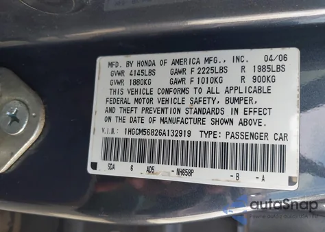 2006 Honda Accord 2.4 Ex из США, поврежденный, VIN 1HGCM56826A132919